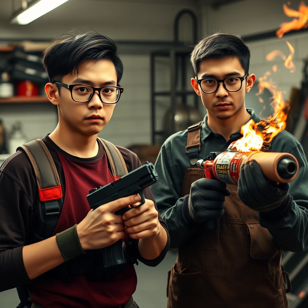 21-year-old white thin long-faced young adult Northern Chinese man with a square chin, wearing square glasses, holding a pistol, "medium/long length hair," "chicom chest rig"; 21-year-old Caucasian Italian man wearing round glasses and short hair, holding a very large fire extinguisher flamethrower, welding apron, and gloves; garage setting; both angry.