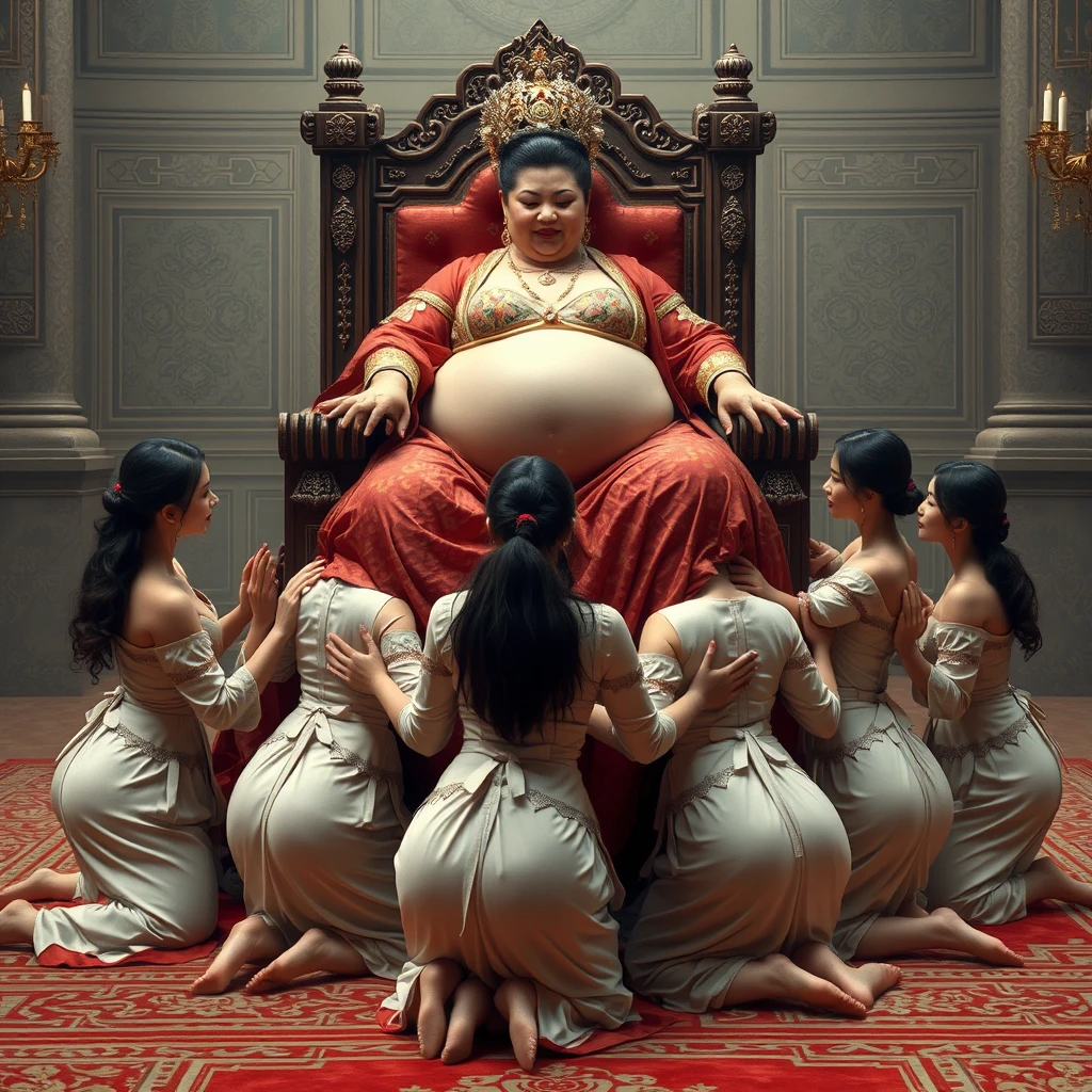 A group of palace maids knelt, using their ample breasts and bodies to form a human throne, while the plump empress rested atop it. - Image