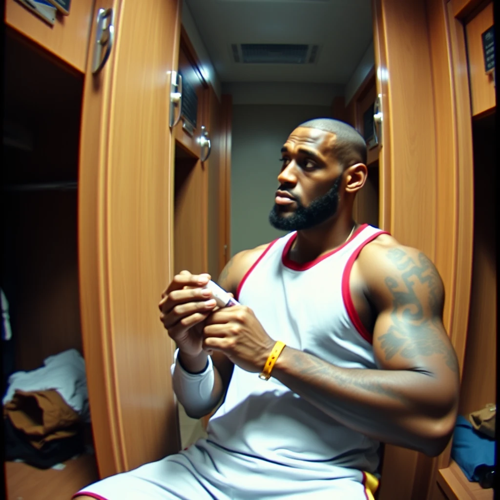 CCTV footage of LeBron James injecting steroids in the gym locker room. Full frame, 20mm, low quality.