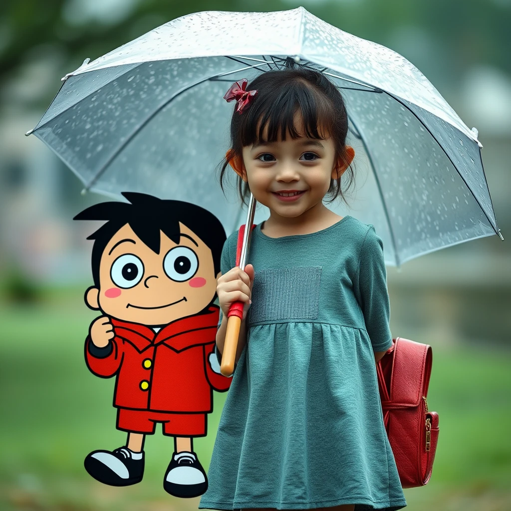 "Actual photo, a little sister holding an umbrella with the cartoon character Conan." - Image