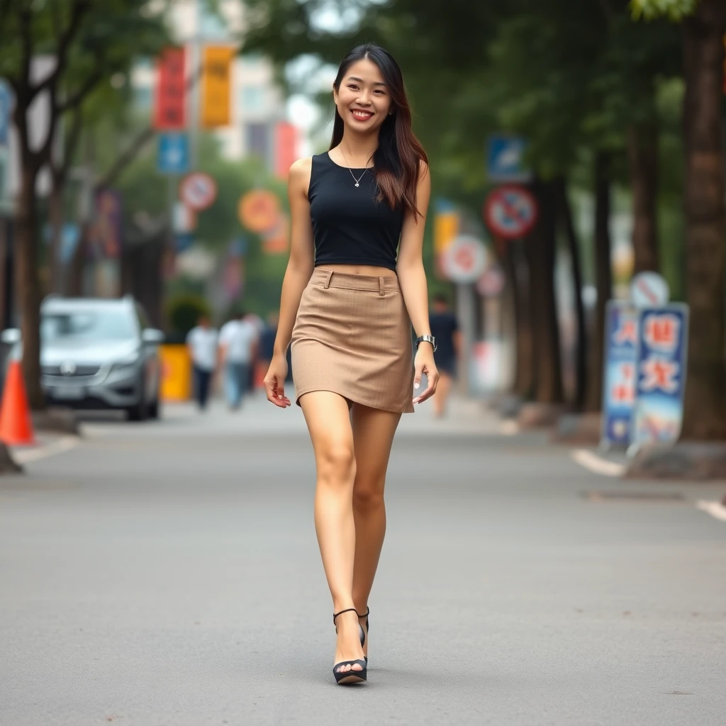 Young skinny Chinese girl walking down the street in a miniskirt wearing heels and smiling. - Image