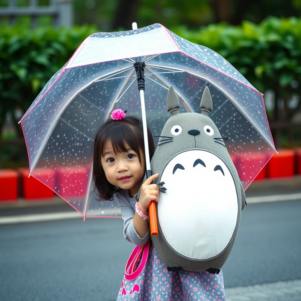 "A real photo of a little girl from Japan holding an umbrella with Totoro." - Image