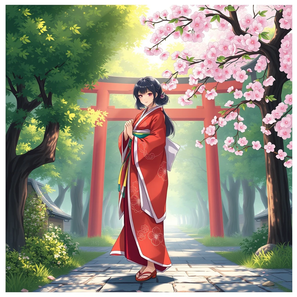 A serene shrine maiden stands gracefully in a vibrant red and white kimono, surrounded by lush green trees and blooming cherry blossoms, under soft, dappled sunlight, in a traditional Japanese art style.