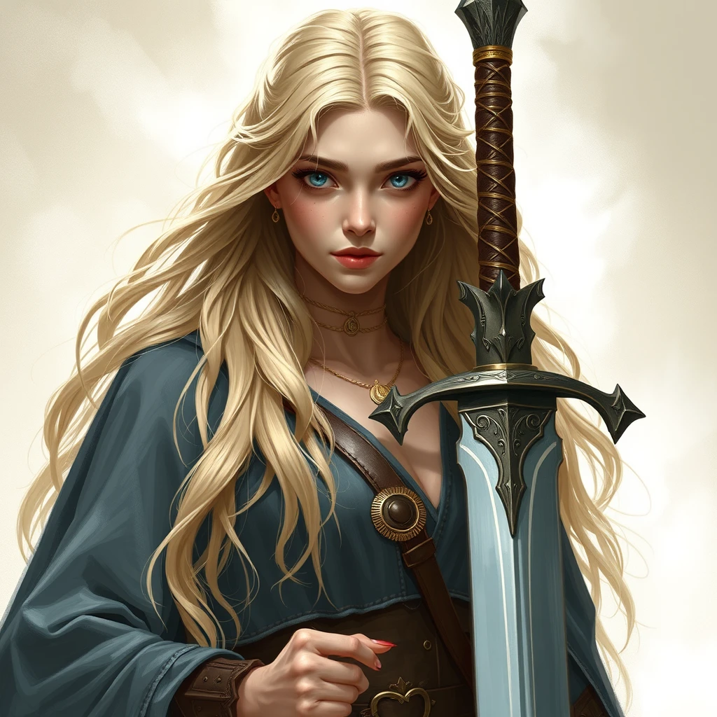 "Blonde beauty, holding a great sword."