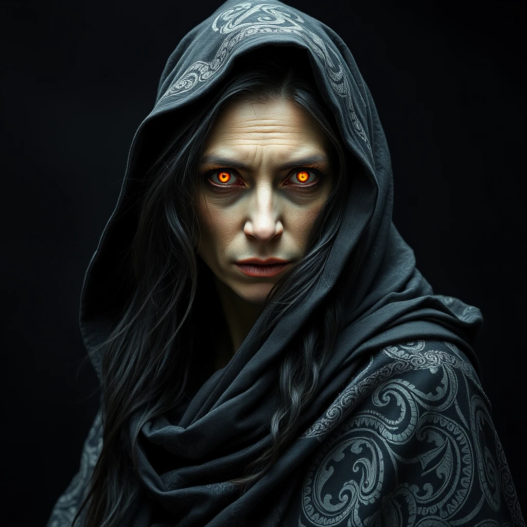 A mysterious, ageless sorceress with skin like polished obsidian and hair that flows like the tendrils of a dark, mystical vine. Her eyes burn with an inner, fractal fire, as if the very fabric of reality had been woven into their depths. She wears a flowing, hooded cloak of intricate, self-replicating patterns, which seem to shift and writhe like a living thing. Captured in a stunning, high-contrast photograph, the sorceress looms large, her presence both captivating and unnerving.