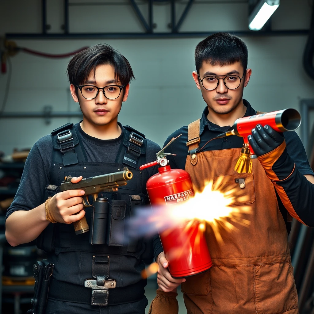 21-year-old white thin long-faced adult northern Chinese man with a square chin, wearing square glasses, holding a pistol, "medium/long-length hair," tactical chest rig; 21-year-old Caucasian Italian man wearing round glasses and short hair holding a very large fire extinguisher flamethrower, welding apron, and long leather gloves; garage setting; both angry.