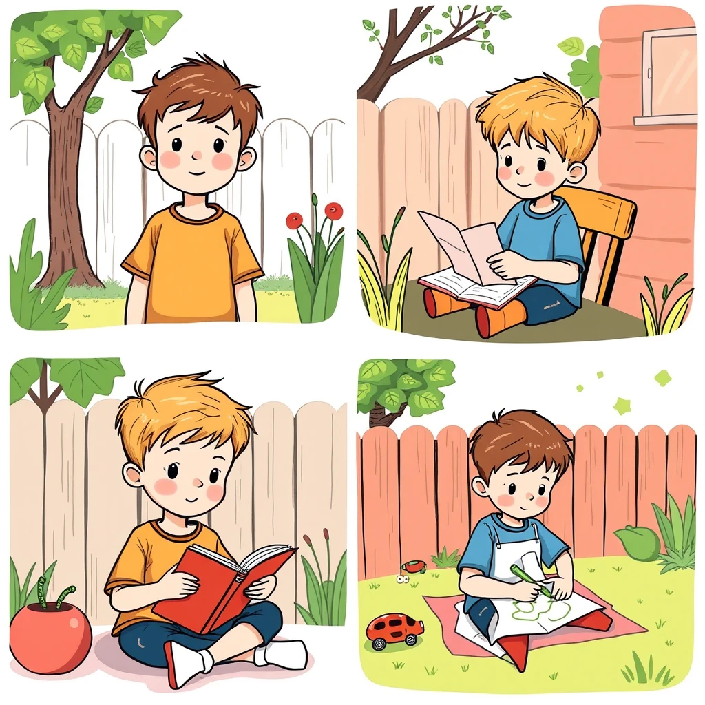 Generate a simple illustrated image for children. Don't add any text in the images. Make a collage of 4 images of the same boy: one image is a portrait of the boy, one image of the same boy where he is eating in the backyard, one image where he is reading in the backyard, and one image where he is drawing in the same backyard.