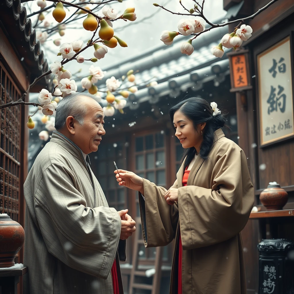 In the ancient and quaint traditional Chinese medicine clinic, an old man in a daoist robe takes the pulse of a woman in a red dress, while outside the clinic, pear blossoms are in full bloom and snowflakes are falling.