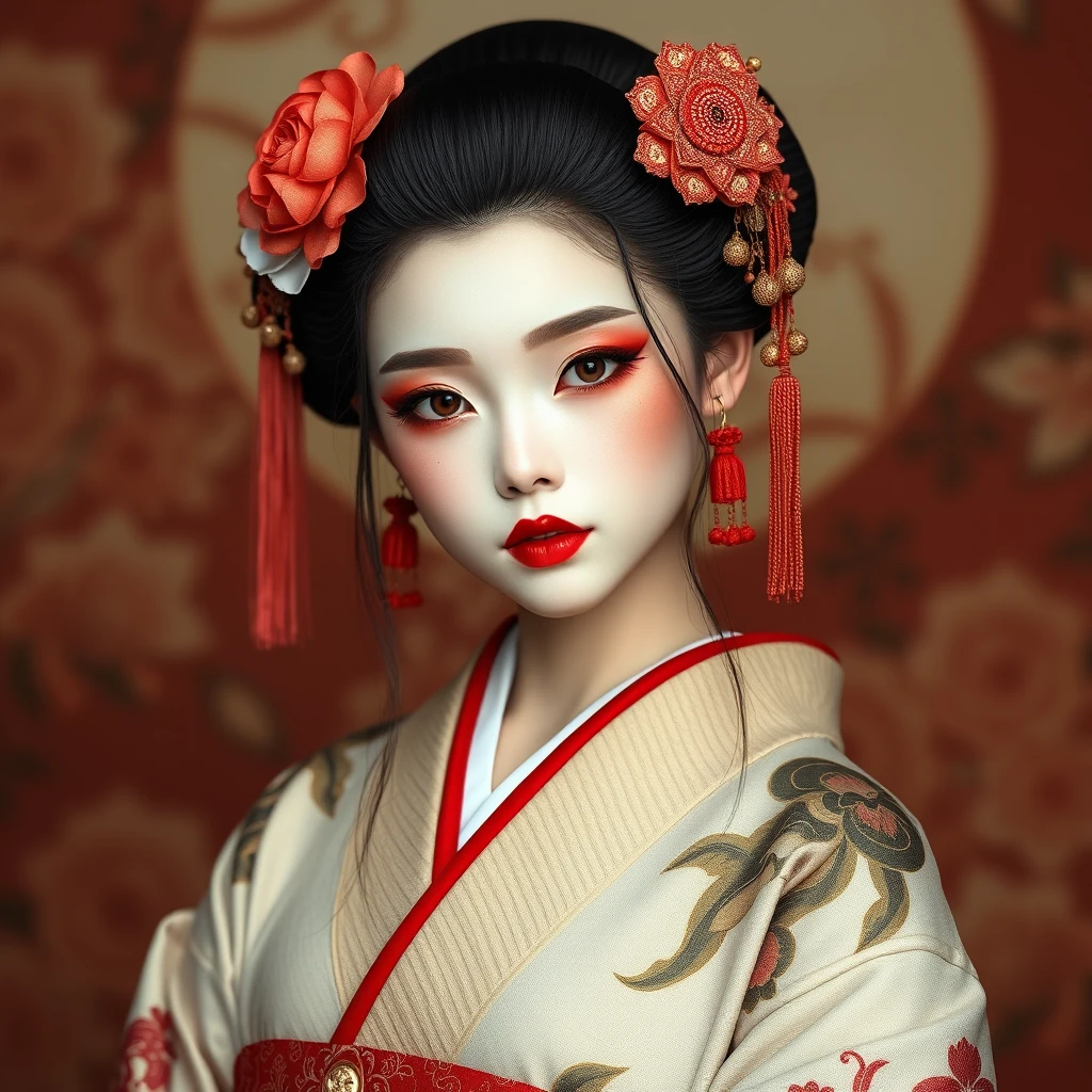 a beautiful oiran with makeup and red eyeshadow, petite, fullbody