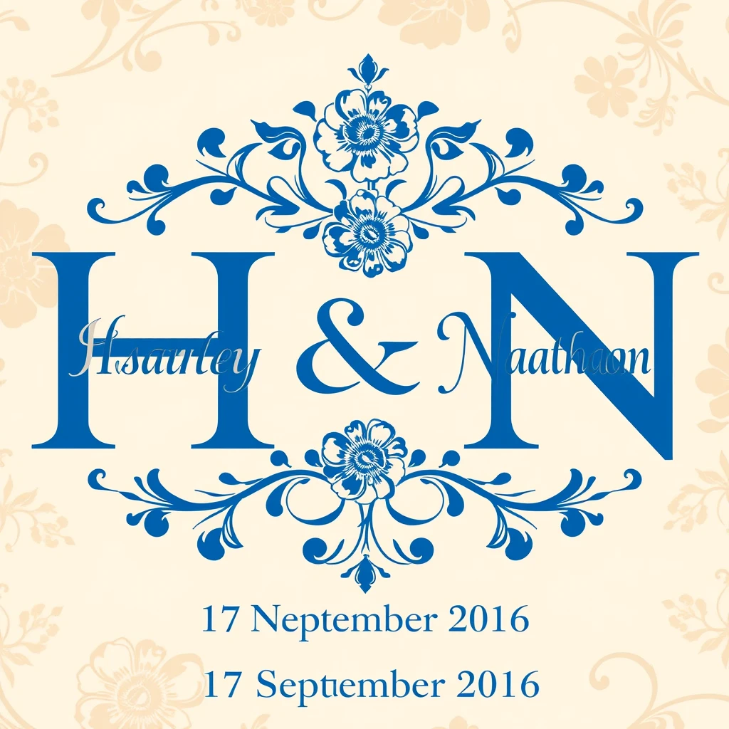 Beige floral background, blue floral decoration and capital letters "H M N" in the center, and lowercase letters "Hayley" and "Nathan" on both sides, the overall style is elegant and classic. The date "17 September 2016" is displayed at the bottom, and the overall style is elegant and classical.