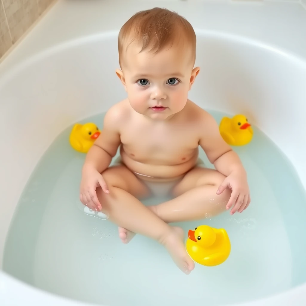 toddler boy taking bath in bathtub with clear water, sitting cross-legged with yellow rubber ducks - Image