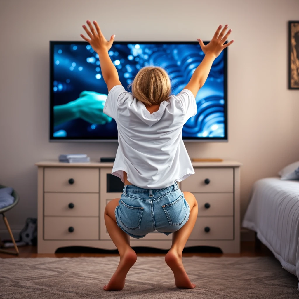 A side view of a young, skinny blonde woman is in her bedroom, wearing a giant white t-shirt and light blue denim shorts, with no shoes or socks. She crouches down in front of her large-screen bedroom TV, facing the magical TV she is diving or jumping into headfirst with her arms extended straight out. Her arms appear blurry from the rapid motion of lunging toward the TV, and the bottom part of her t-shirt lifts upwards, almost revealing her chest due to the elevated position of her arms. - Image