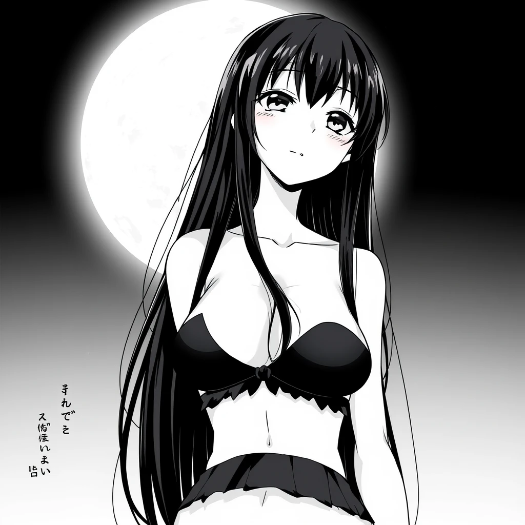 Girl with long, black hair in a black bikini. In the background, a black sky with a big, bright moon. Manga, grayscale. - Image