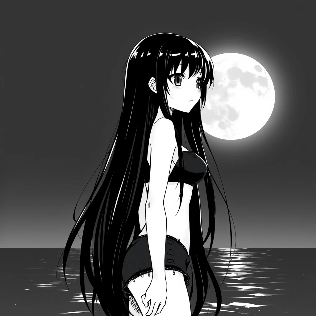 Girl with long, black hair in a black bikini. In the background, a black sky with a big, bright moon. Manga, grayscale.