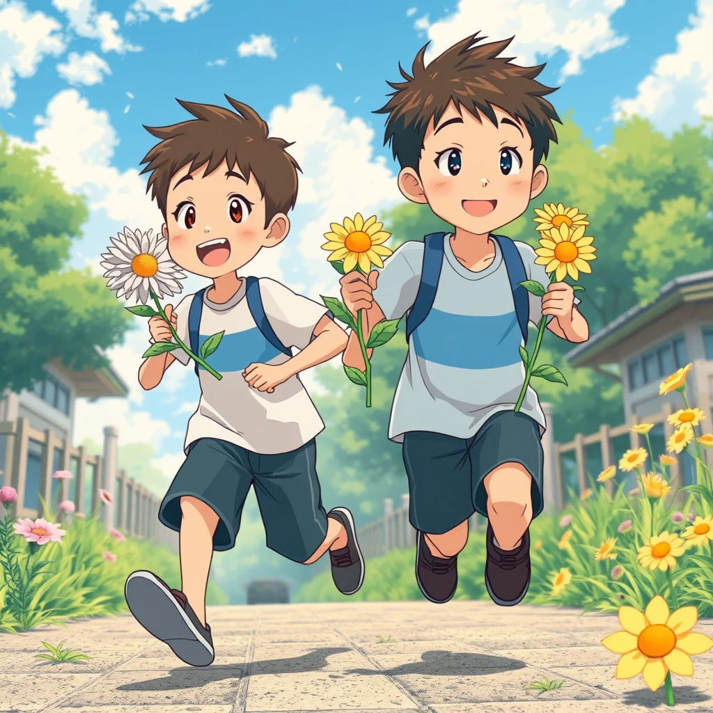 Youth, holding flowers, running, animation, realism, Japan, summer, a person, boys - Image