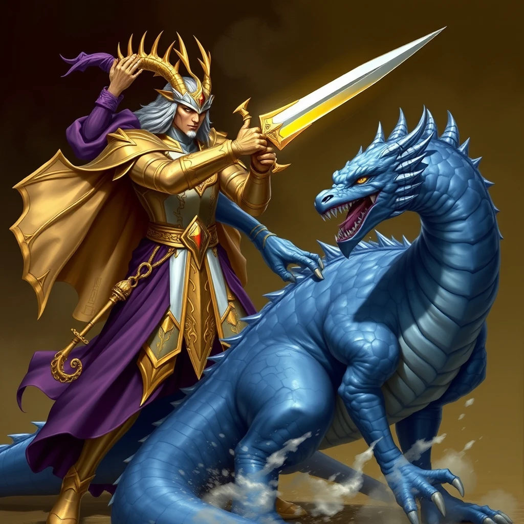 Gold and silver paladin devoted to Bahamut, the paladin doubled in size by an elf mage in a purple robe. The paladin is swinging a sword at a blue dragon with scars across the dragon's body. The paladin and elf are on the left, the dragon on the right.