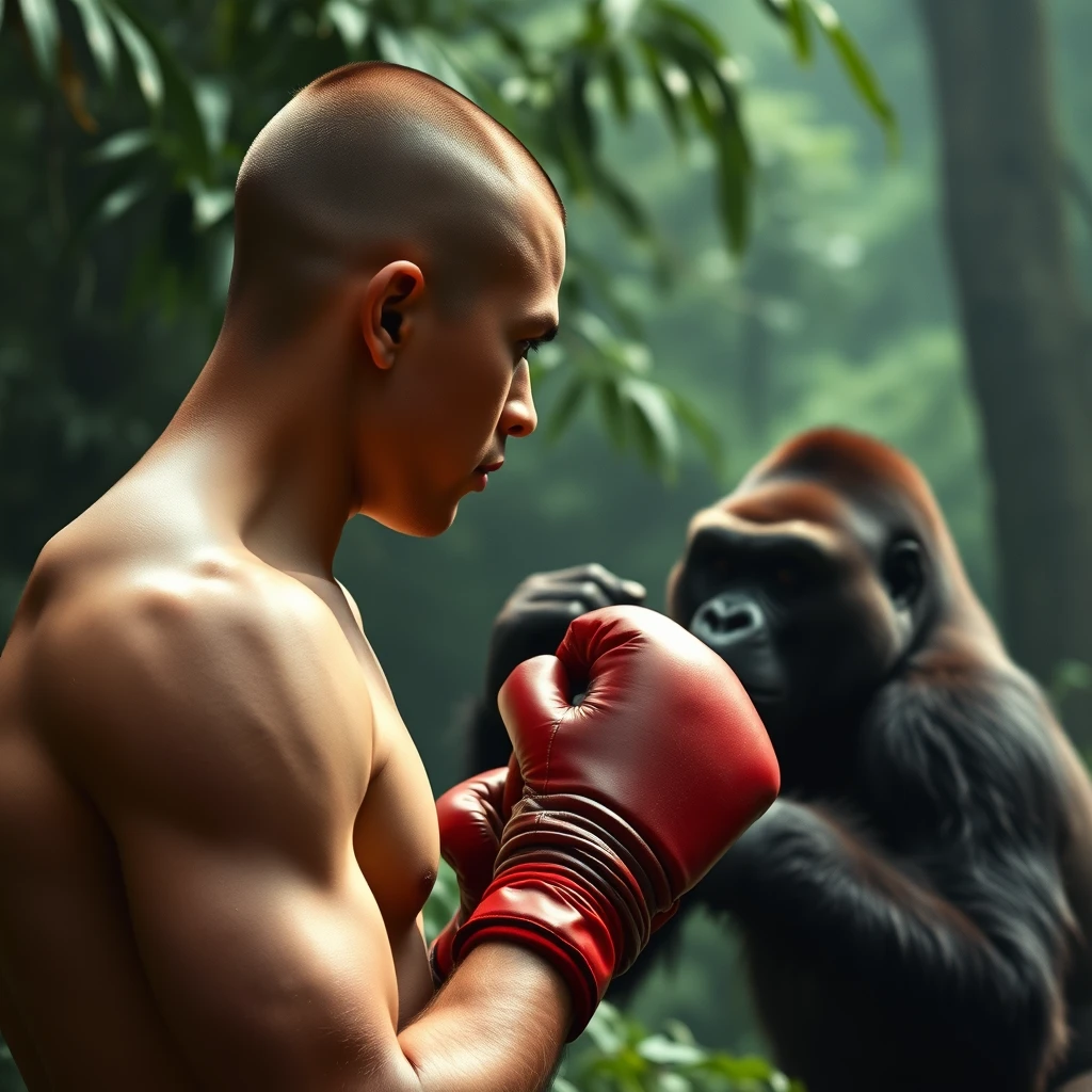 A boxer with shaved hair, 21 years old, Caucasian appearance, 5'9" tall and weighing 120 pounds facing a gorilla in the forest.