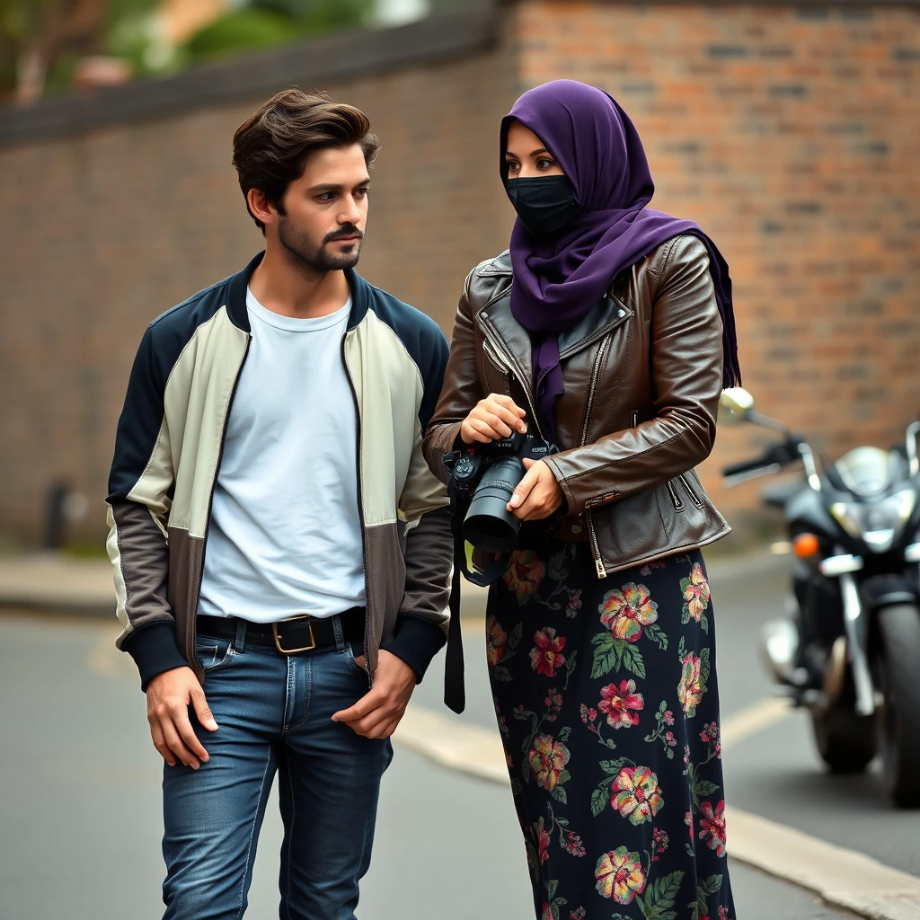 Jamie Dornan and Freddie Prinze, head and body shot, handsome, young, serious face, dark brown hair, white T-shirt, collage jacket, skinny jeans, sneakers, standing, discussing with a short purple hijab Muslim girl, beautiful eyes, face mask black, black leather jacket, biggest floral skirt, holding DSLR Canon camera, near town road, superbike, hyper-realistic, street photography, brick wall, full body photo.