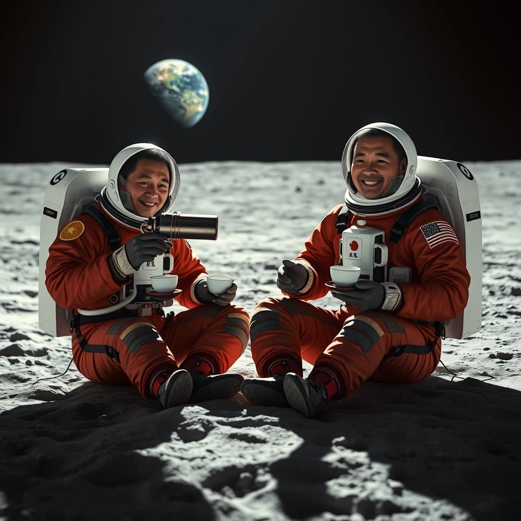 Two Chinese astronauts in full space suits sitting on the moon’s surface, each holding a tea cup. They are positioned near their lunar module, with the Earth visible in the background. The moon’s gray, cratered landscape is illuminated by the sun. One astronaut is pouring tea from a thermos, while the other is holding a cup. Their expressions are relaxed and joyful, enjoying a moment of tranquility in the vastness of space.