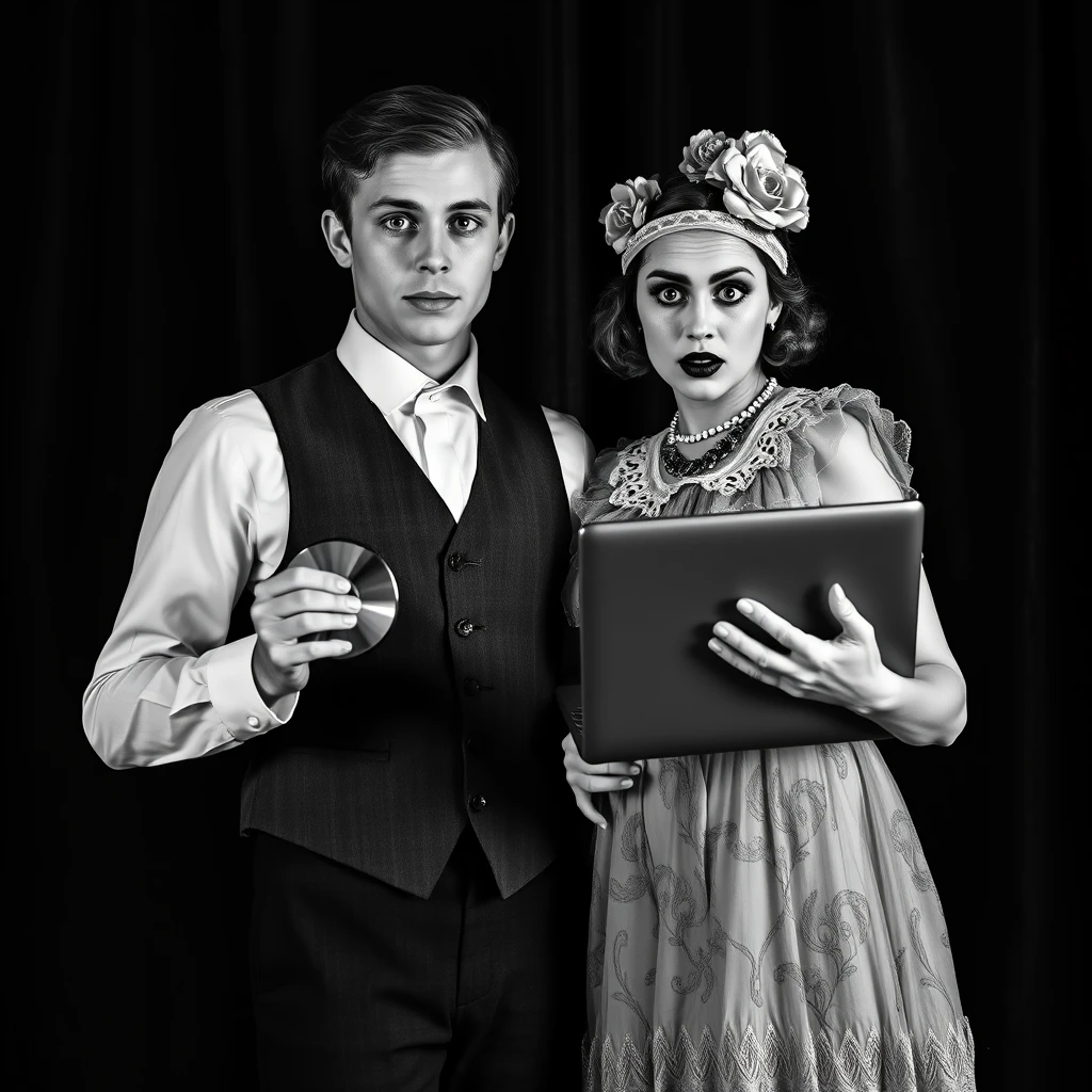 Black-and-white hyper-realistic image of a young couple dressed in 1920s Vaudeville-style period costumes, standing in an intimate pose. The man is wearing a waistcoat, a high-collared shirt, and has neatly styled hair, characteristic of the 1920s era. The woman is in a ruffled dress with a lace collar, a decorative headpiece adorned with flowers, and classic 1920s makeup. They are both holding modern technology: the man holds a DVD disc with an amazed expression, and the woman is holding a laptop, looking astonished as she sees their own image on the screen. The background is dark, with heavy, ornate curtains draped, giving a theatrical, staged appearance typical of a Vaudeville performance. The lighting is soft and focused on their faces, accentuating their expressions and the intricate details of their costumes. The image should mimic the vintage photograph style of the 1920s with high contrast and slight graininess. Capture this scene with high-resolution details, ensuring the textures of the fabric and the delicate lace are visible, with a subtle bokeh effect to blur the background and emphasize the couple and the technology they are holding. The overall mood is a whimsical blend of nostalgia and modernity, evoking the charm of the Vaudeville era while highlighting the contrast with 21st-century technology.