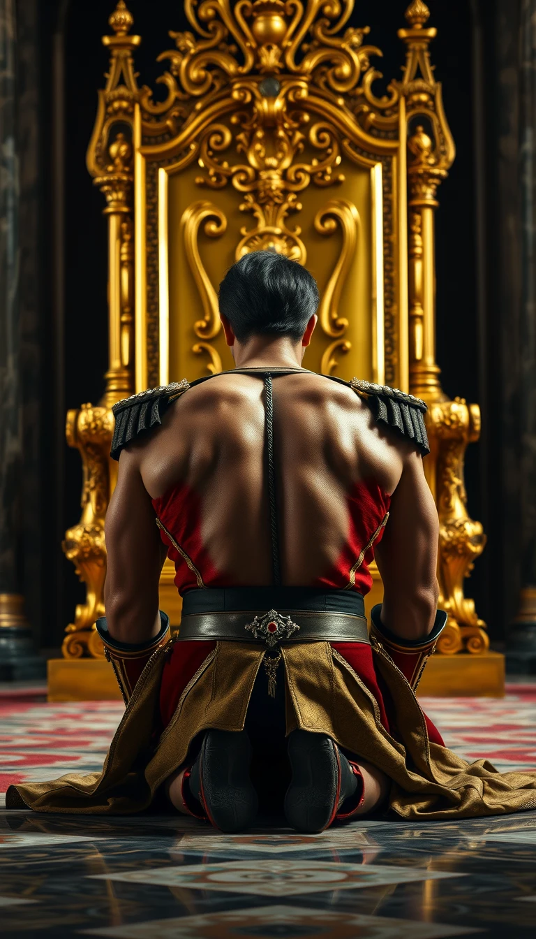 Main Character: A handsome and muscular king in an elaborate, bejeweled military uniform of the late European era. His broad shoulders and powerful build are evident even in his posture of utter submission. He is on his hands and knees, his head bowed to the floor, his body trembling slightly. His back is to the viewer, the rich fabrics and intricate details of his uniform catching the light.
Background: A massive golden throne, towering over the king. It's ornate and imposing, gleaming under the light source, hinting at immense power and authority. The throne room itself is suggested in the background, perhaps with hints of marble pillars or dark, heavy tapestries.
Supporting Characters: None
Visual Style: Photorealistic, aiming for the dramatic lighting and sharp detail of professional movie stills. The focus is on the contrast between the opulence of the throne and the king's humbling posture. The lighting should highlight the textures of the gold, the fabrics of the uniform, and the muscles of the king's back. The overall mood is one of tension, power, and submission. - Image