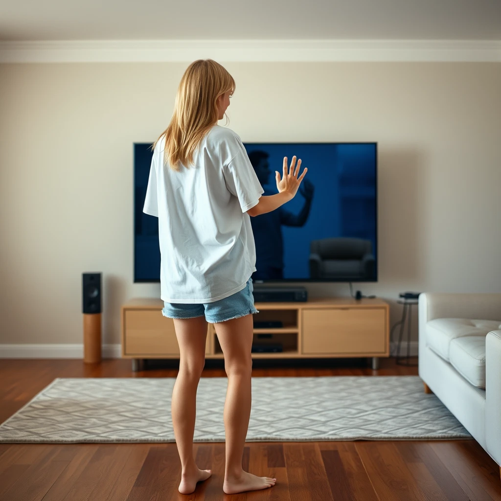 Side view and distant footage of a blonde skinny woman in her large living room, wearing an excessively oversized white t-shirt that is somewhat unbalanced on one of the shoulders, along with oversized light blue denim shorts. She is barefoot and facing her TV, and both her hands vanish as they pass through the TV screen when she touches it. - Image