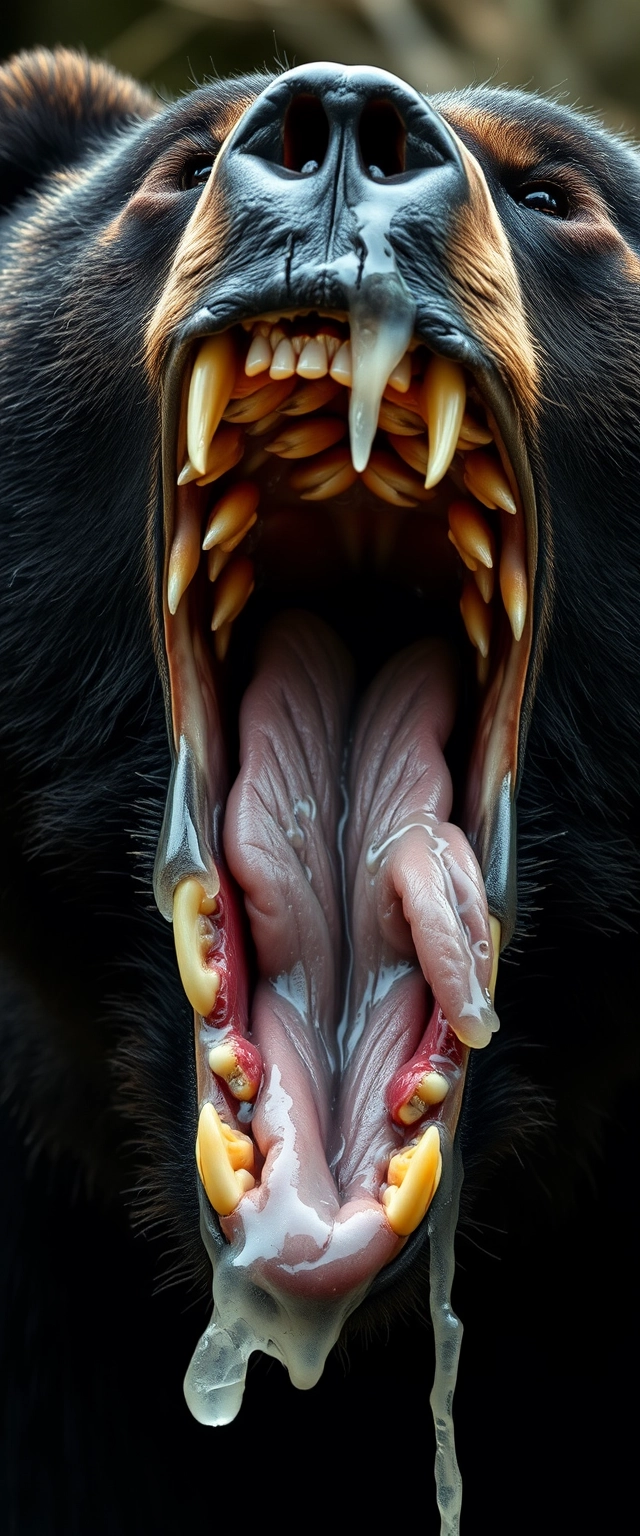 The black bear opened its big mouth, revealing very sharp teeth; all the teeth were very sharp. The entire mouth was full of saliva, which was white in color. The saliva dampened the fur, and the veins in the mouth could be seen. There were multiple tongues, and the internal details of the throat were depicted.