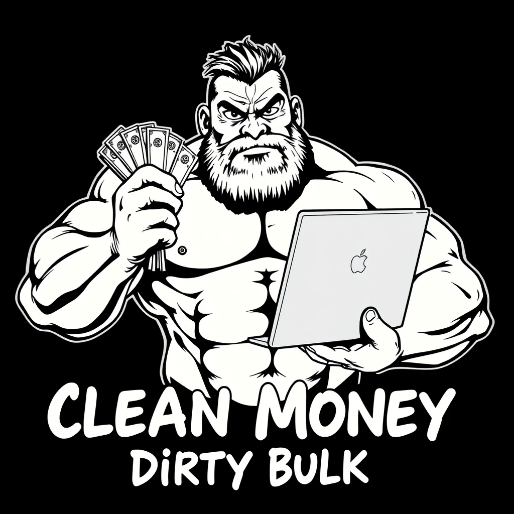 A dot comic ink black monochromatic style of a muscular gigachad holding a wad of cash and a MacBook. Text says “Clean Money Dirty Bulk.”