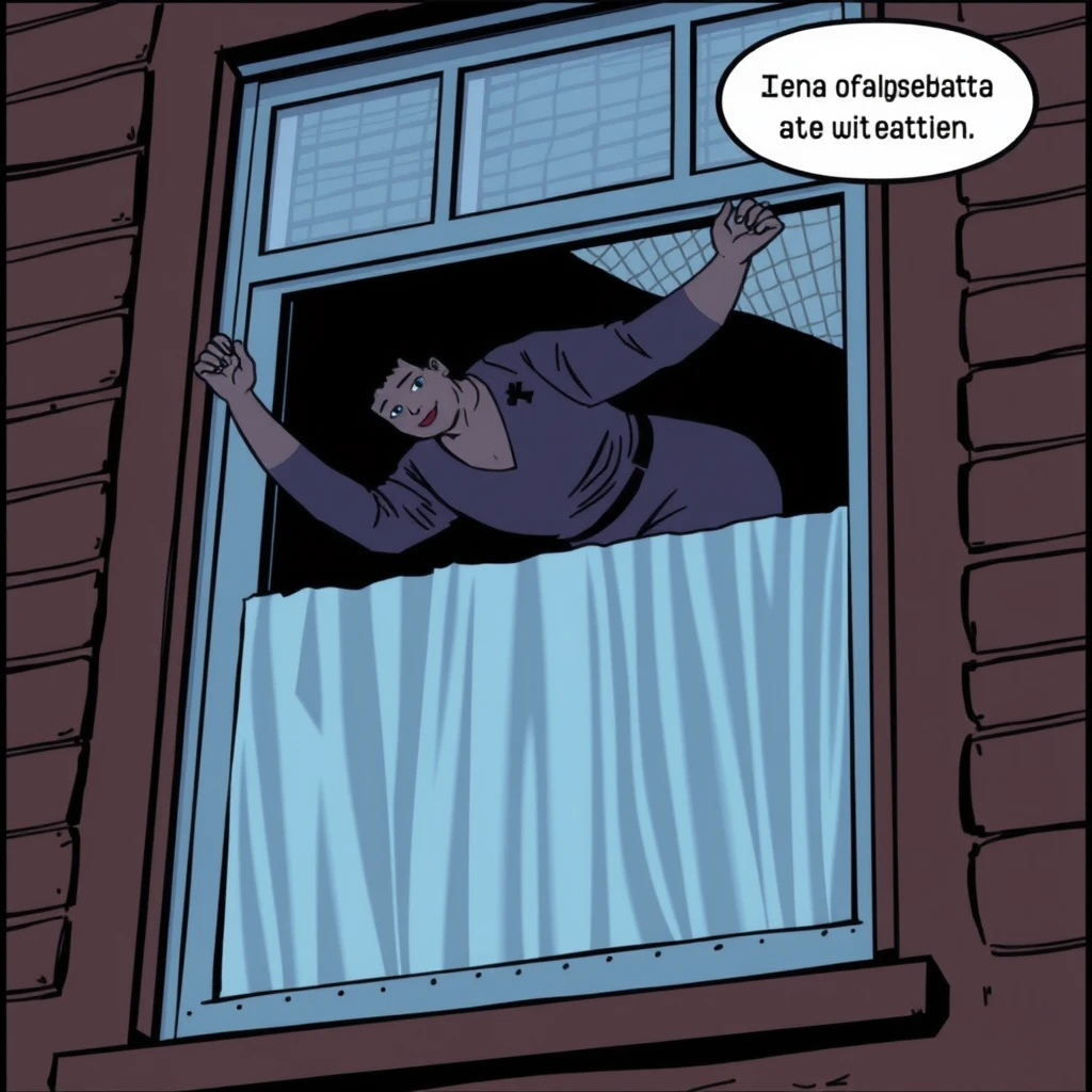 The murder caused a woman at the window to slip and fall out of the window accidentally. It's quite a comic scene. - Image