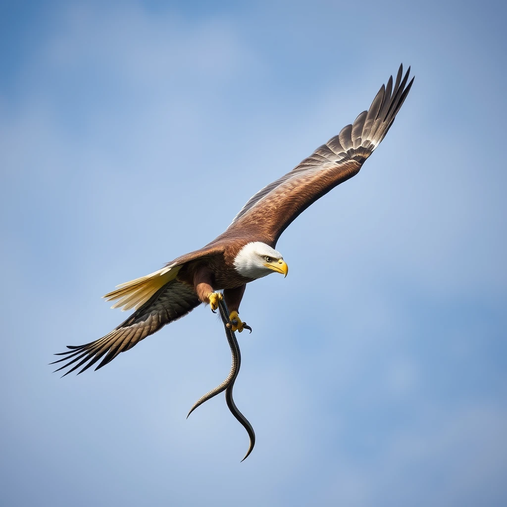 The eagle soaring in the sky, its claws grabbing a snake.