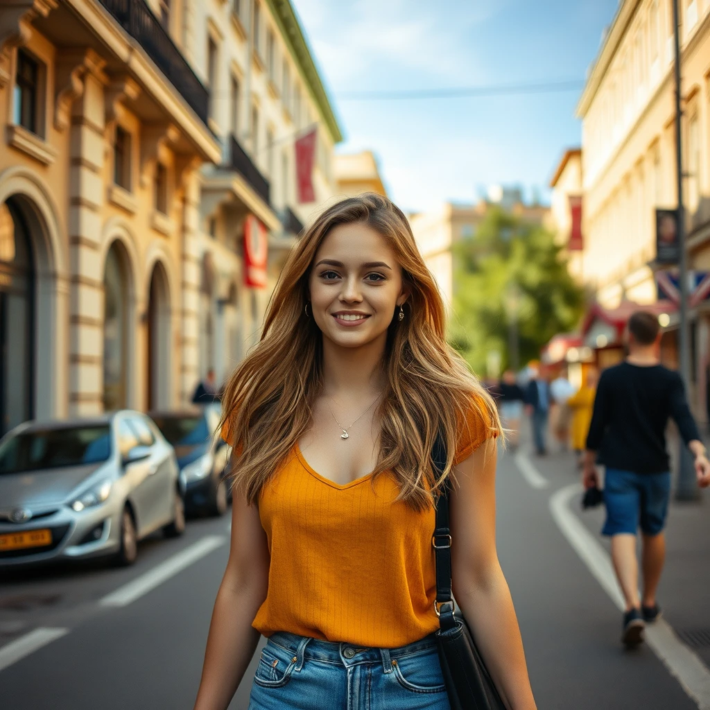 a young beautful lady walking on the street
