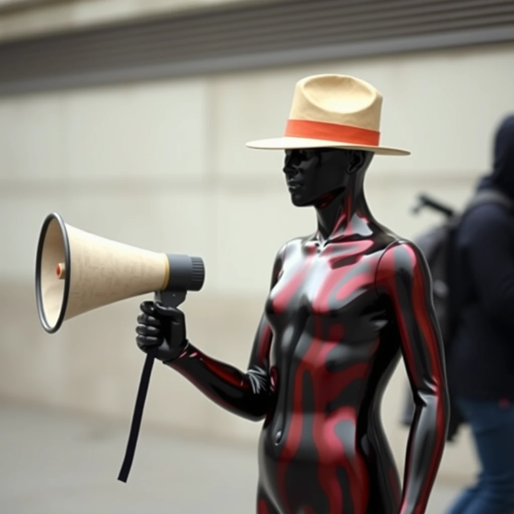 A figure stood there, skin smooth and metallic, the color of an oil slick. No nose or mouth on its face, and missing eyes and ears; it would be mistaken for a mannequin if it weren't moving around and wearing a hat, wielding a megaphone made of paper at passersby. No face. No facial features. No mouth. No ears. No eyes. Smooth skin. Black rainbow colors like an oil slick.