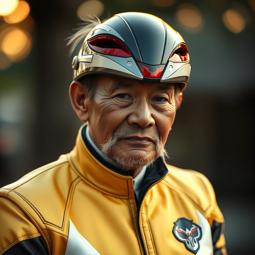 An elderly Malay man wearing a Power Ranger suit, intricate detail, bokeh, golden hour.