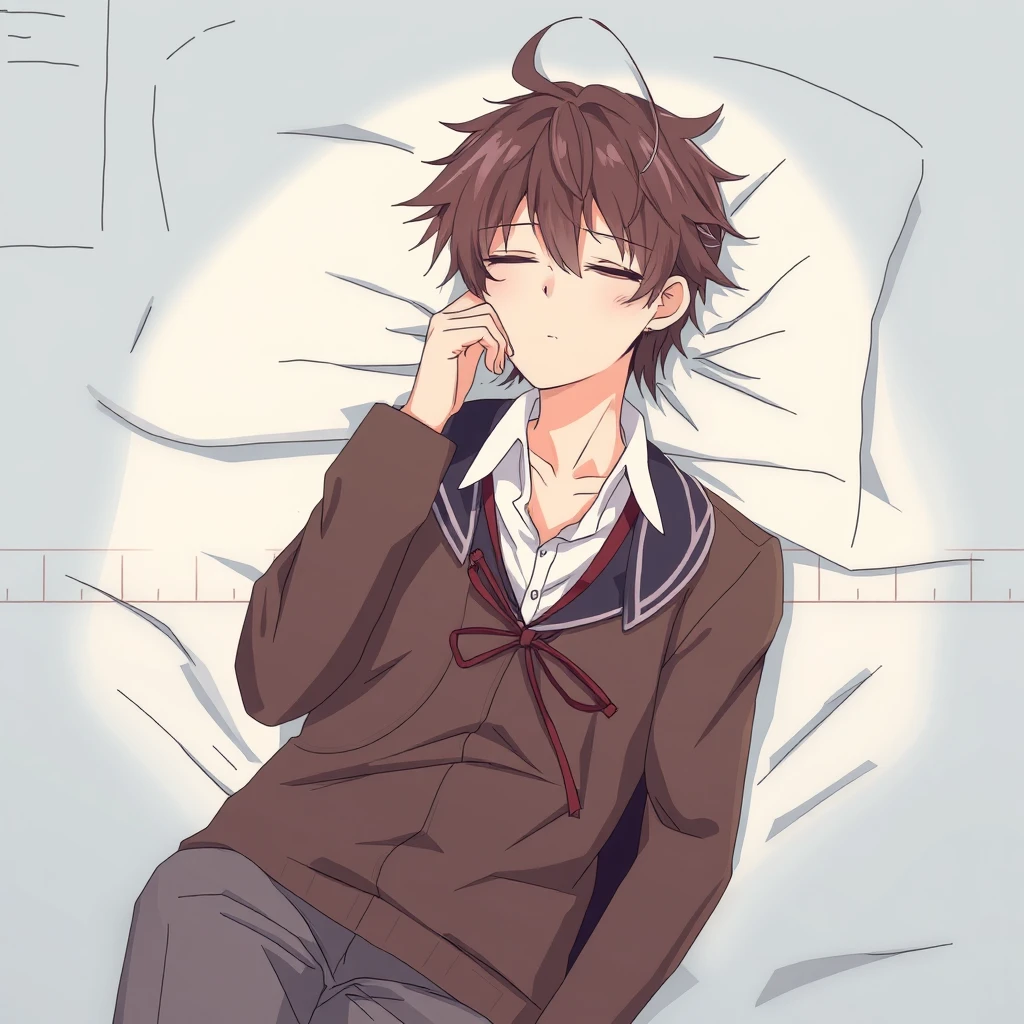 guy sleeping in the school version anime - Image