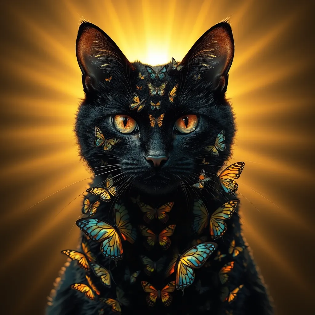 A majestic black cat composed entirely of iridescent butterflies, positioned front-facing. The cat is bathed in a radiant golden light, with sun rays emanating from behind, creating a dramatic and ethereal atmosphere. - Image