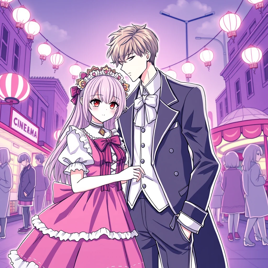 anime lineart, Beautiful girl dressed in Lolita costume and handsome tall boyfriend, cinema - Image