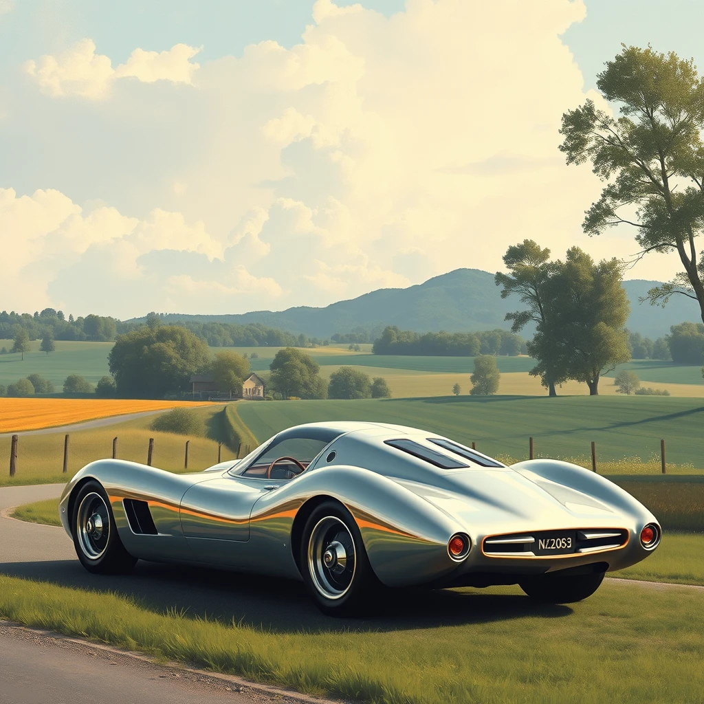 Corner view, a retro-futuristic sports car concept, a painting by Syd Mead, sleek, country setting.