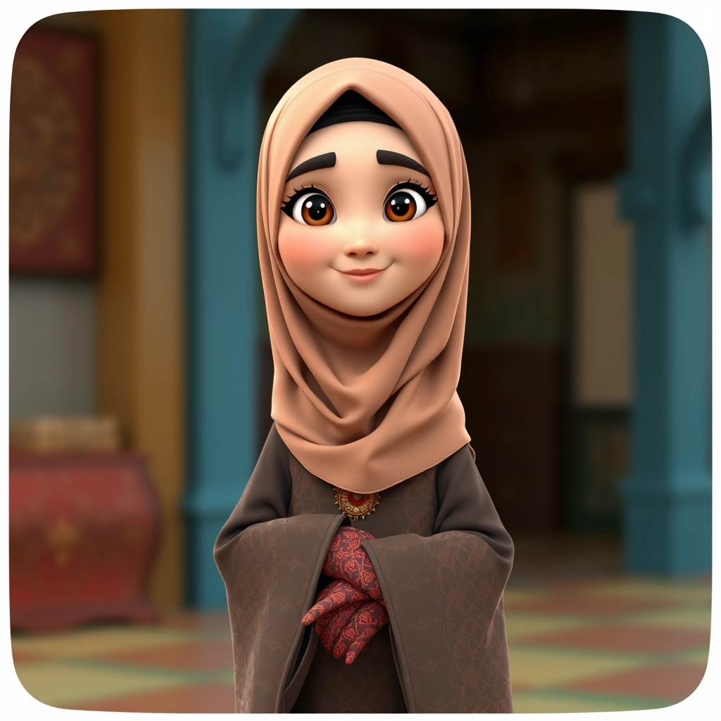 A 3D, 8k animated cartoon depiction of a Muslim woman from Palembang, wearing a traditional long songket and a long gown (gamis). She is adorned with a hijab that covers her chest and wears batik gloves covering her hands. - Image