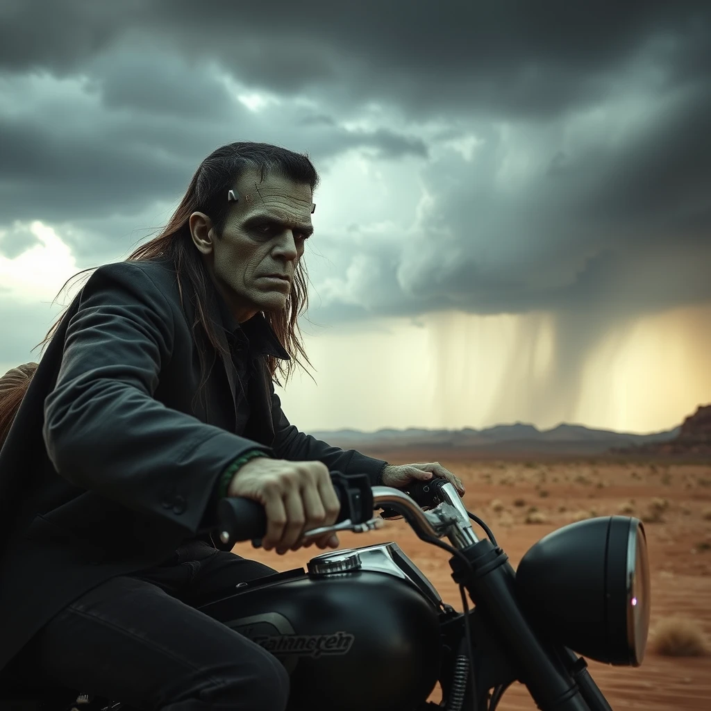 Boris Karloff as Frankenstein with long hair, riding his chopper, a storm is coming across the desert, photo-realistic, 4k. - Image