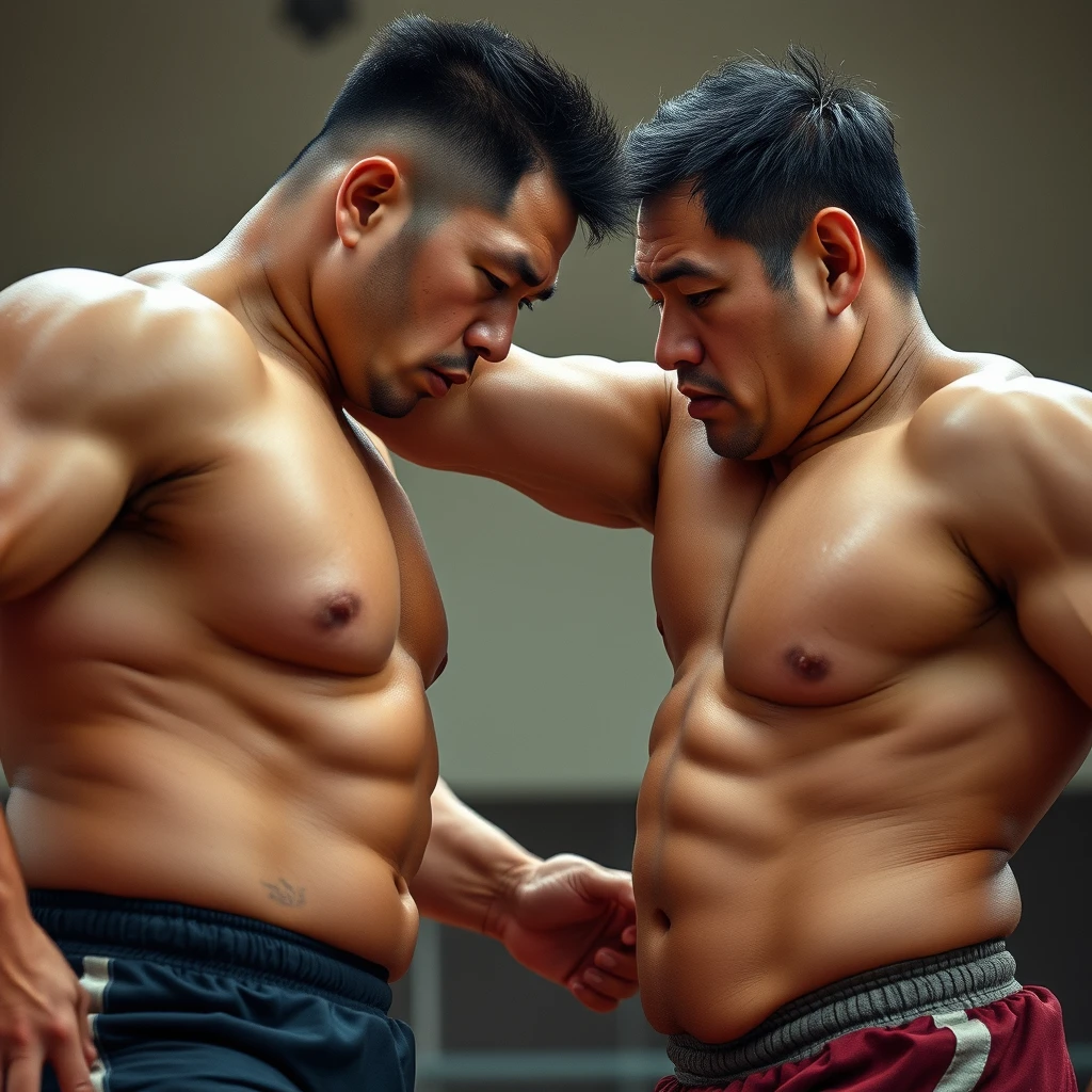 A muscular middle-aged Asian man is punching the belly of a strong Asian man across from him, his fist sinking deep into his belly, realistic, hd, 32k uhd, sweat. - Image