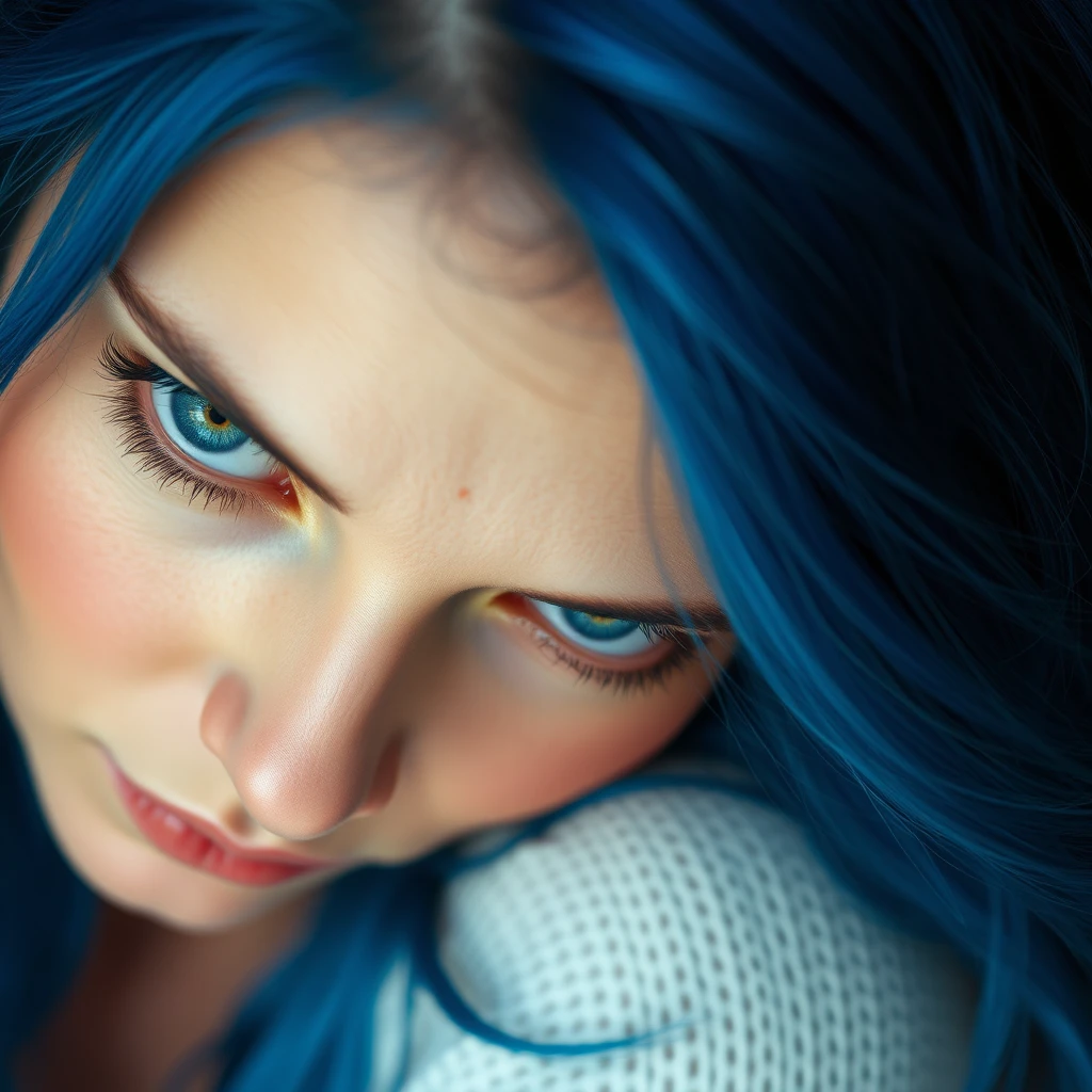 seductive eyes, educative look, tenderness, realistic, look hair, blue hair, - Image