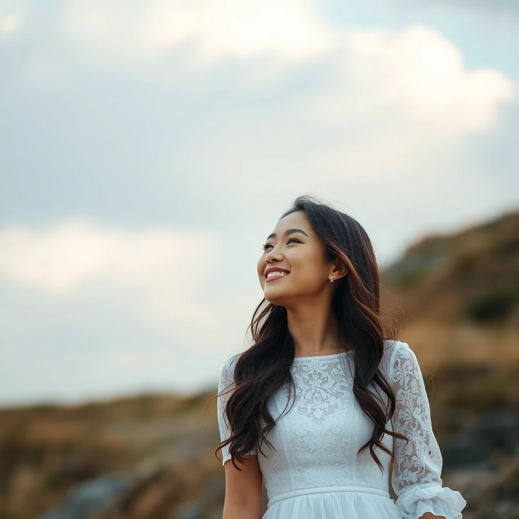 A blissful scene of a young woman in a white dress. - Image