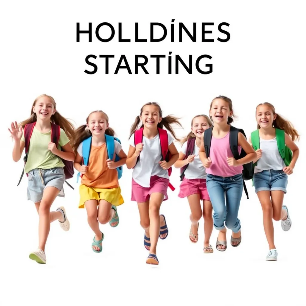 Create a photo of a group of 15-year-old girls wearing summer clothes and sandals. They are joyfully running towards the camera because the holidays are starting. They are carrying school backpacks and cheering. The background is white, no text. The children are fully visible. - Image