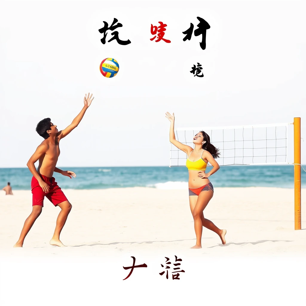 "Men and women are playing beach volleyball, with Chinese characters or Japanese or Korean. Note that there should be both men and women." - Image