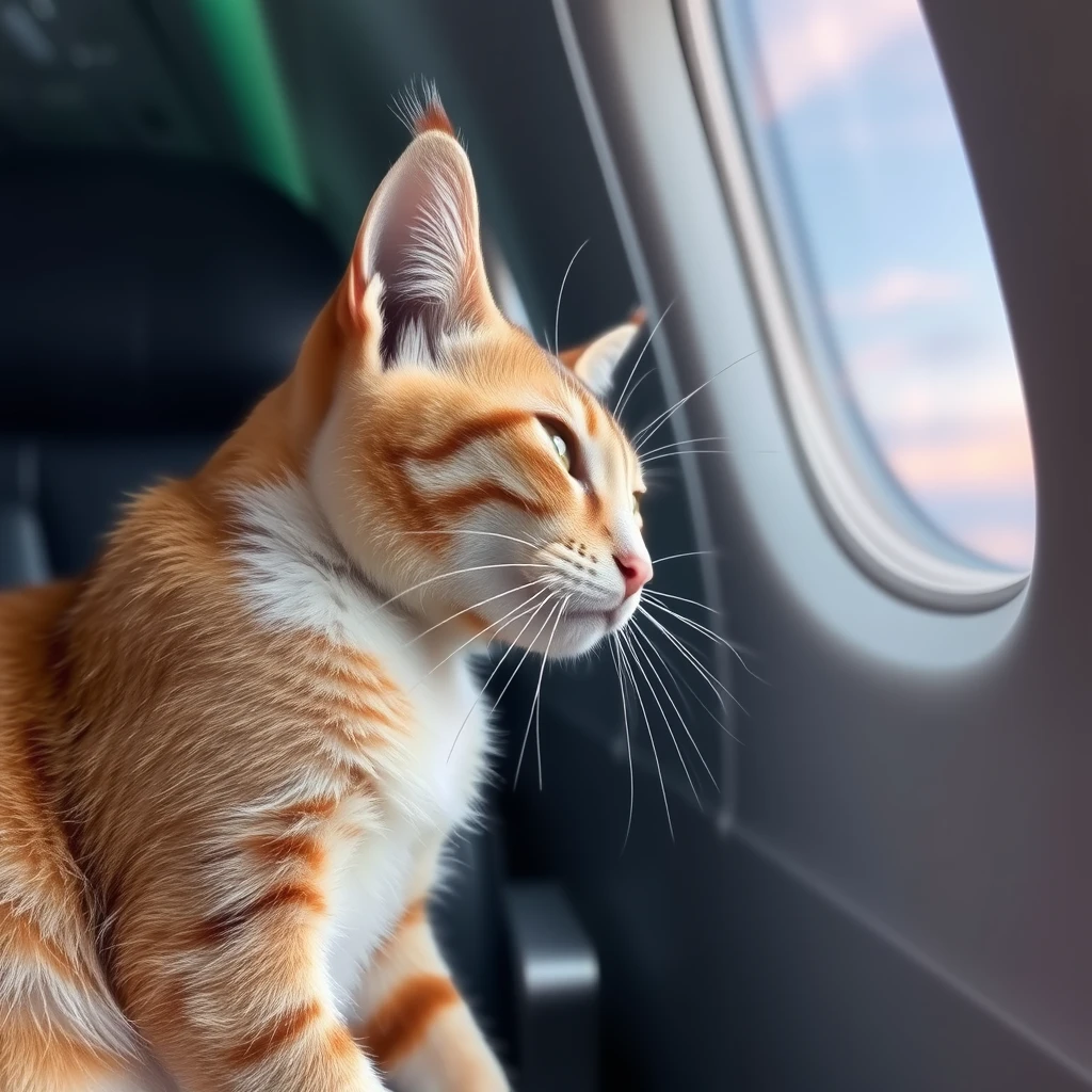 a cut cat on an airplane