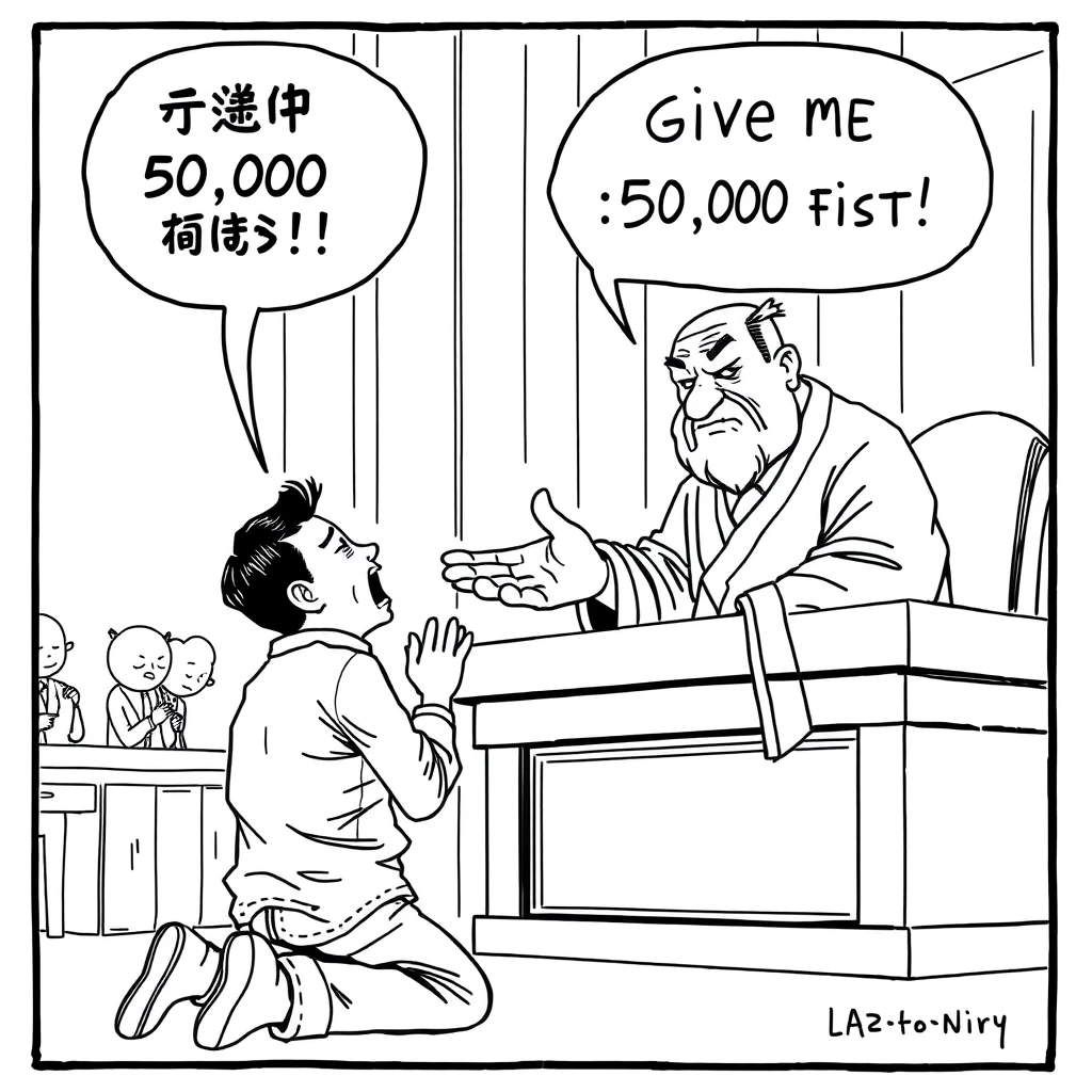 Asian comic, line art, a man kneels before the judge and cries. The Chinese judge holds out his hand and says very sneeringly: "Give me 50,000 first." - Image