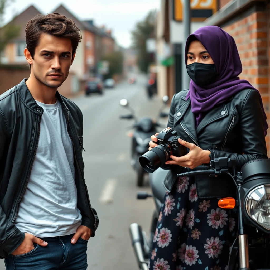 Jamie Dornan and Freddie Prinze, head and body shot, handsome, young, serious face, dark brown hair, white t-shirt, college jacket, skinny jeans, sneakers, standing, discussing with a short purple hijab Muslim girl, beautiful eyes, face mask black, black leather jacket, biggest floral skirt, holding a DSLR Canon camera, near town road, superbike, hyper-realistic, street photography, brick wall, full body photo.