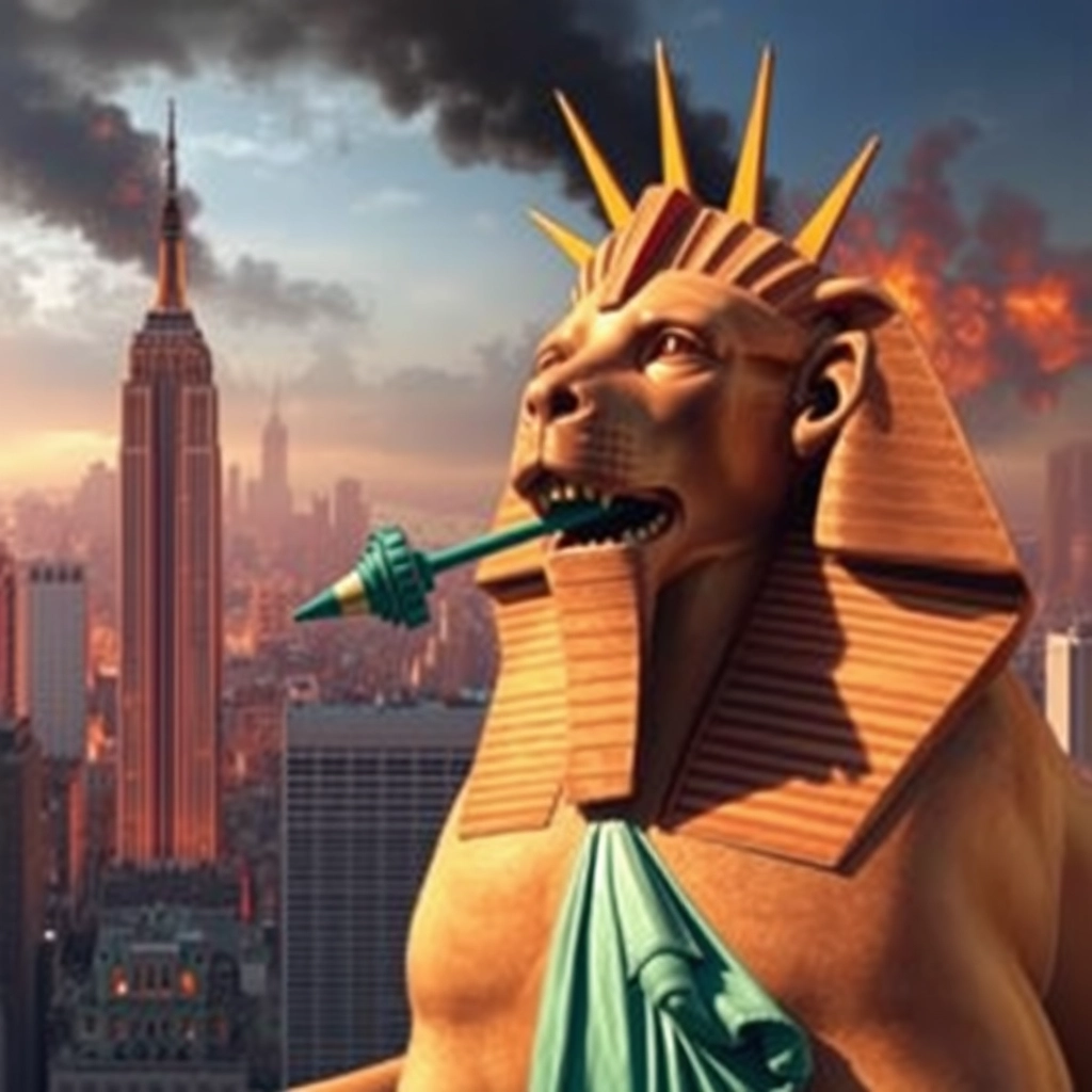 A realistic image of the Egyptian sphinx biting the Statue of Liberty in the neck, with New York in flames in the background. - Image