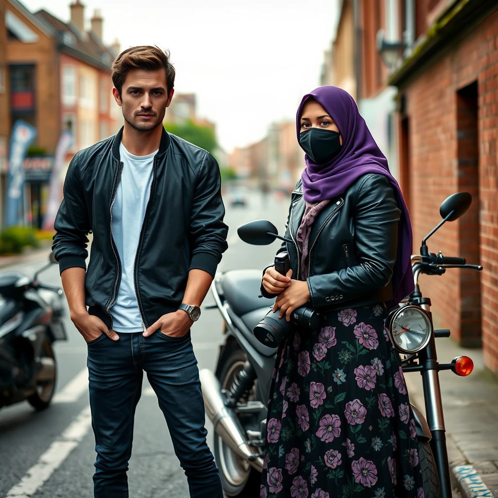 Jamie Dornan and Freddie Prinze, head and body shot, handsome, young, serious face, dark brown hair, white T-shirt, college jacket, skinny jeans, sneakers, standing, discussing with a short purple hijab Muslim girl, beautiful eyes, face mask black, black leather jacket, biggest floral skirt, holding a DSLR Canon camera, near town road, superbike, hyper realistic, street photography, brick wall, full body photo.