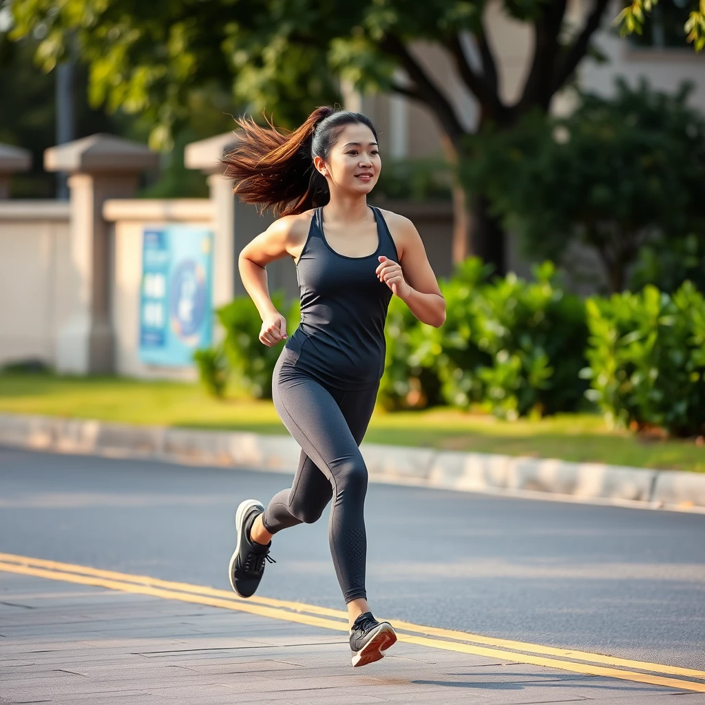 A Chinese woman running, dressed in yoga clothes. - Image